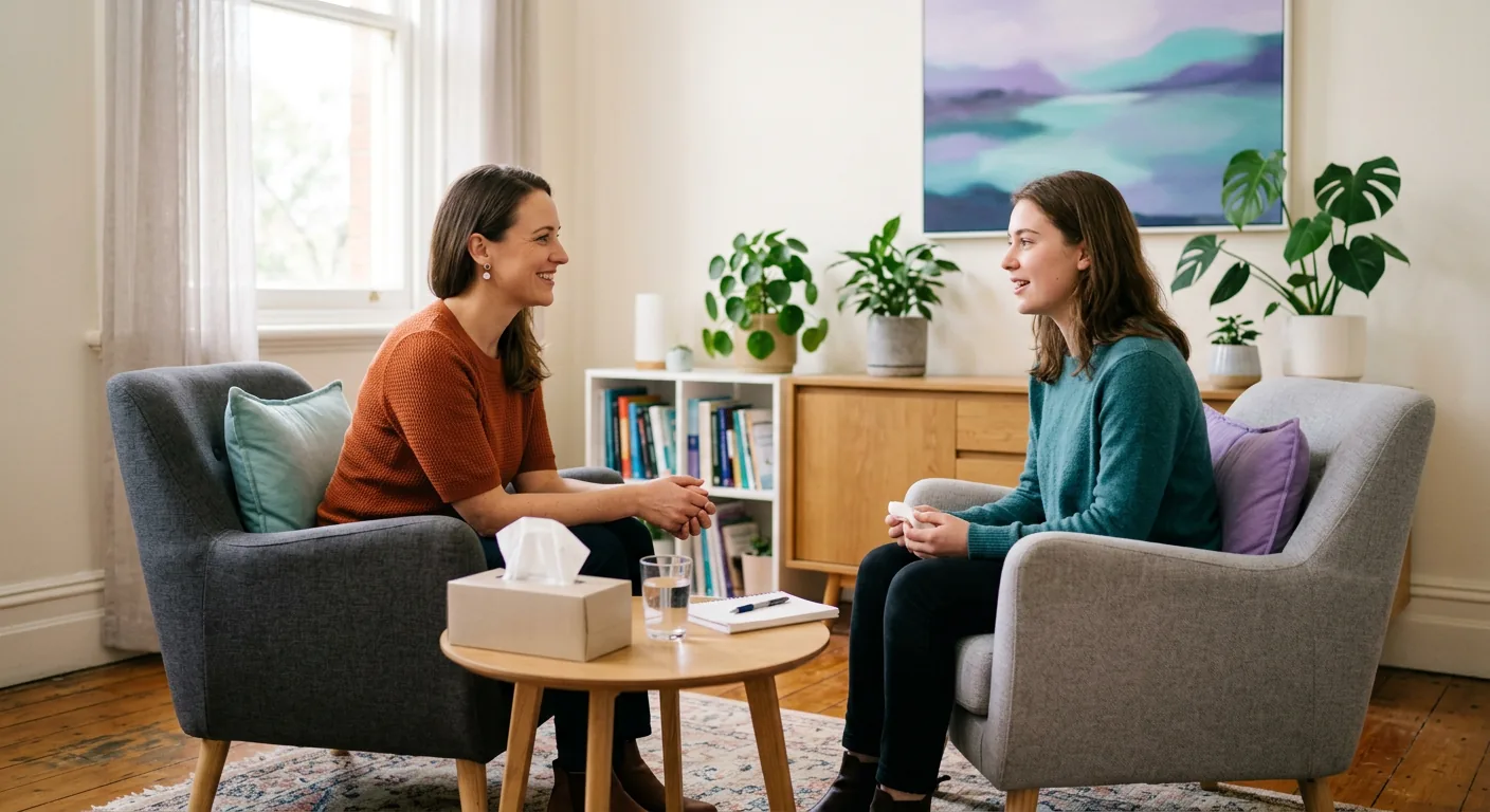 A counsellor and a young client talking in a calm, light-filled counselling room.