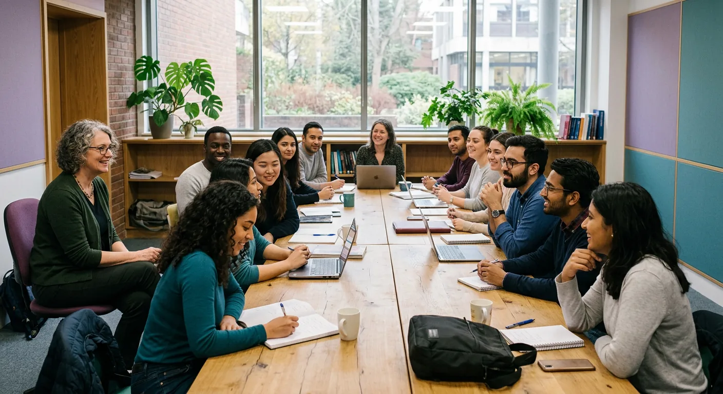 A lecturer leading a discussion with students around a long table in a bright seminar room.