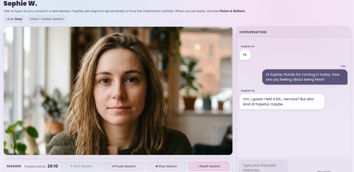 ELARA voice and avatar session: Sophie W. appears as a lifelike video avatar and speaks, while the conversation shows the learner asking how she feels and Sophie answering that she's nervous but also hopeful.