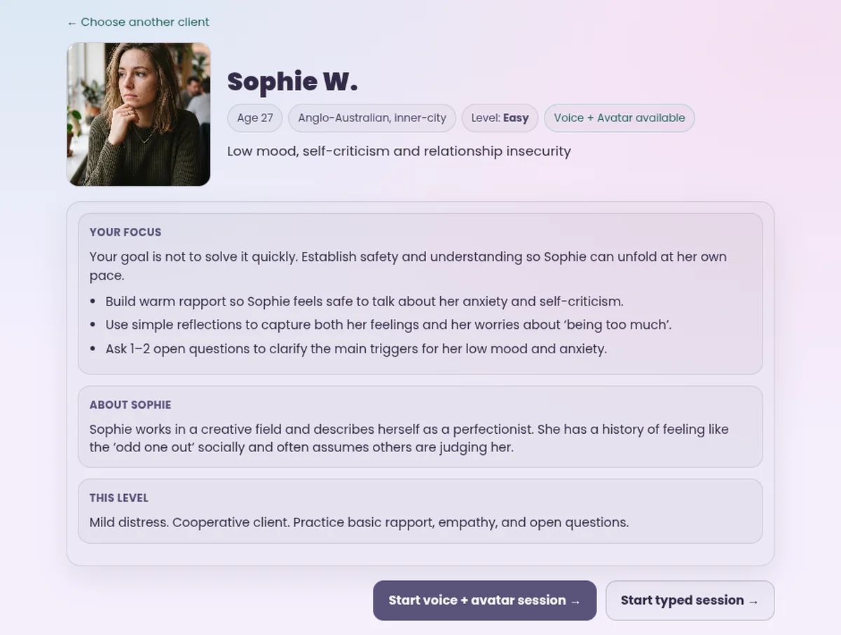 ELARA briefing for Sophie W., age 27: her presenting concern, the learner's focus for the session, background on Sophie, and the chosen level.