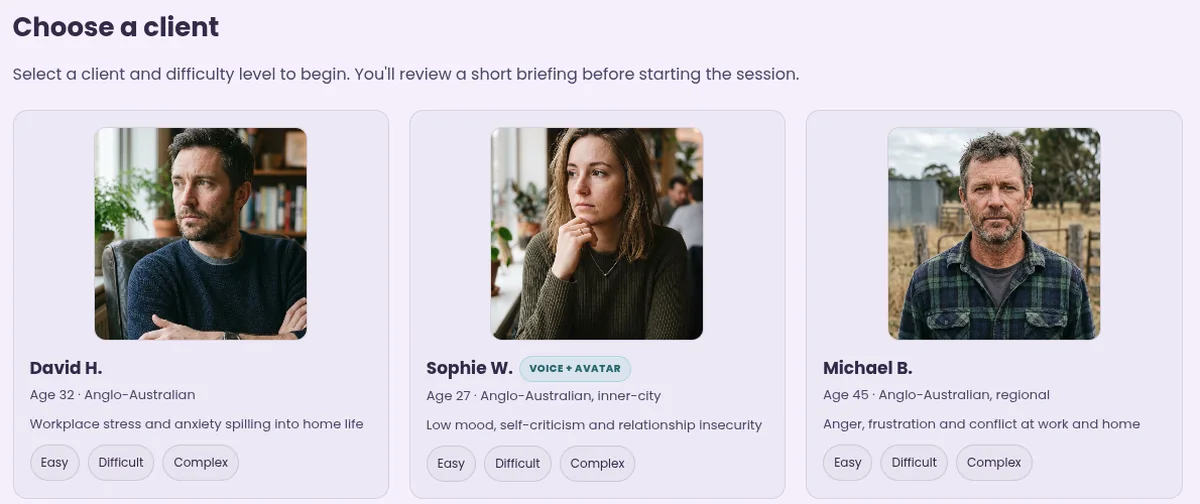 ELARA client library: simulated clients David H., Sophie W. and Michael B., each with age, background, presenting concern and Easy, Difficult and Complex levels.