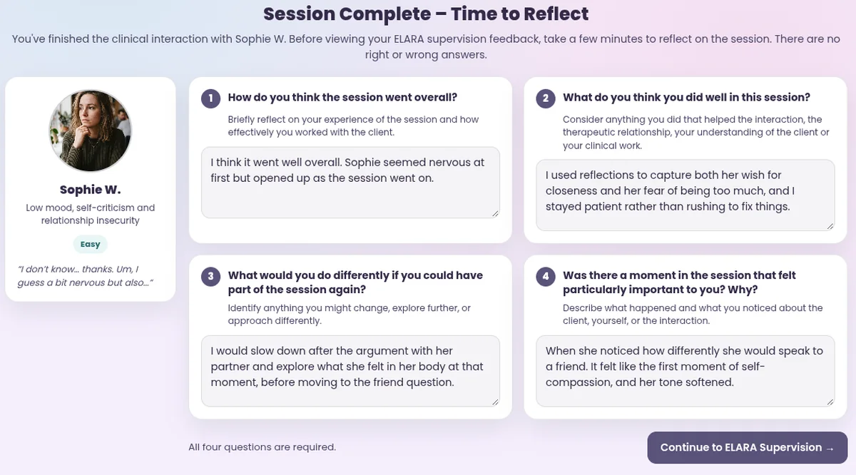 ELARA reflection: four questions the learner answers about the session before seeing any feedback.