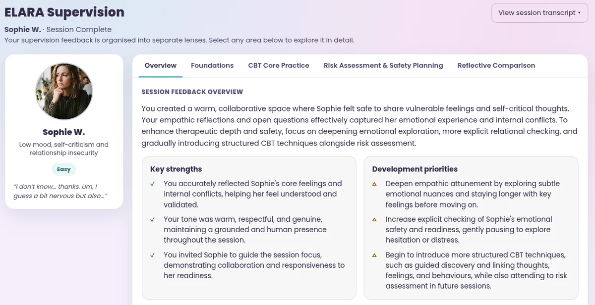 ELARA supervision feedback overview: a session summary, key strengths and development priorities.